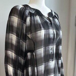 BCBGMaxAzria Sheer Plaid Chiffon Tunic With Notched Neckline & Flowy Fit – US S